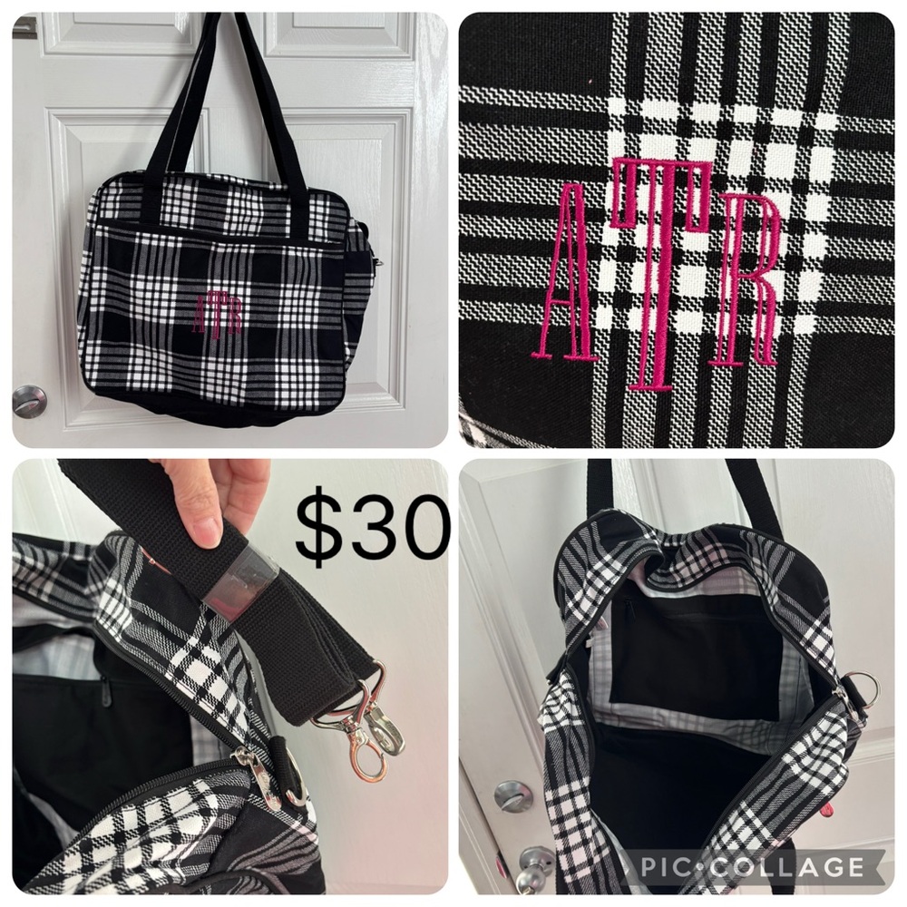 Thirty-One Black and White Plaid Travel Bag
